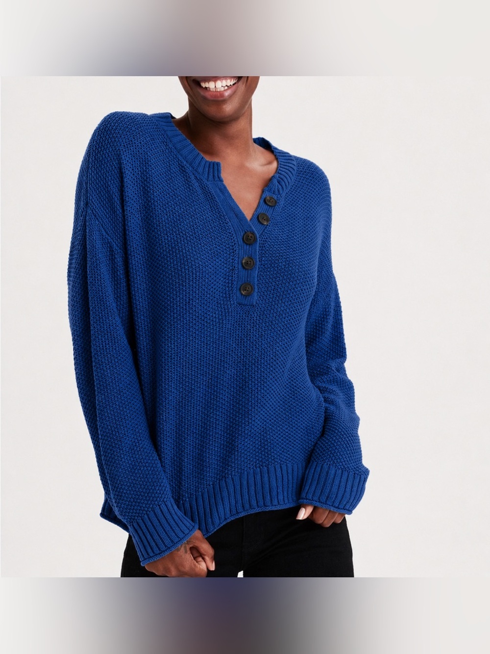 American Eagle Blue Henley Knit Long Sleeve Cropped Sweater Shirt Size Large